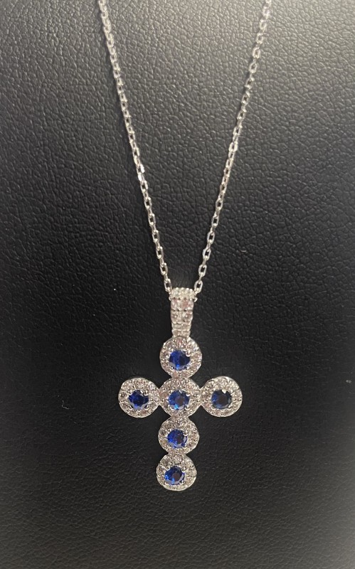 Collier argent pendentif croix oxydes bleus