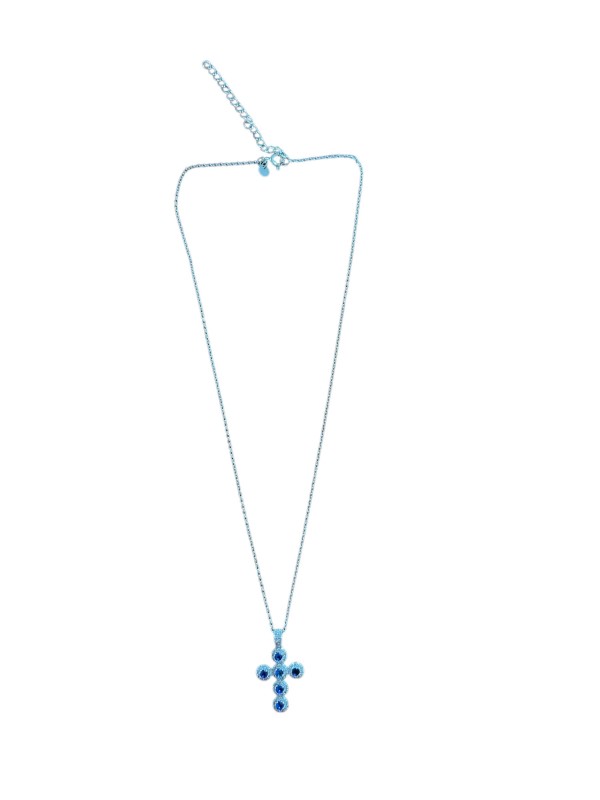Collier argent pendentif croix oxydes bleus