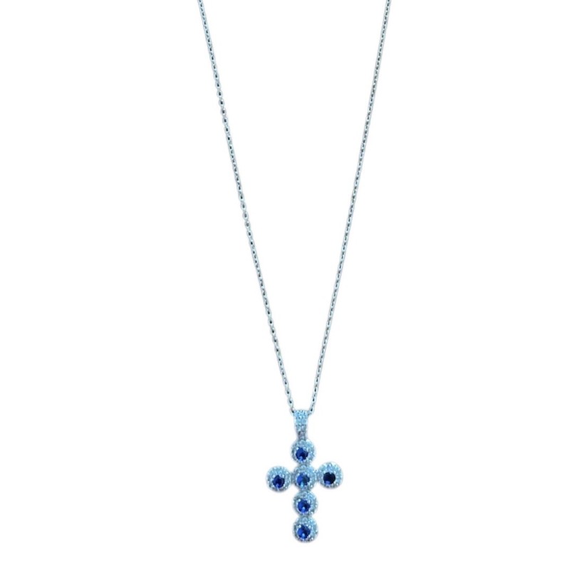 Collier argent pendentif croix oxydes bleus